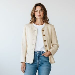 Vintage Cream Linen Viscose Blazer with Bone Buttons Made in West Germany - 10